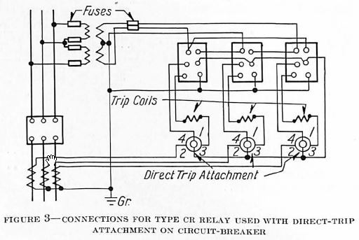 Connections for Type CR Relay Used with Direct-Trip Attachment on Circuit-Breaker